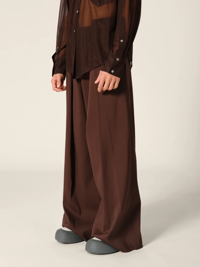 Brown Folded Upcycled Wool Wide Leg Trousers