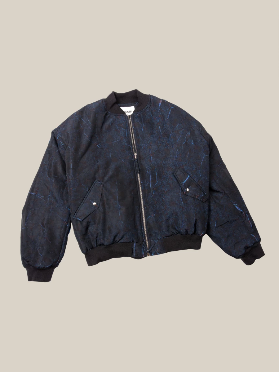 Blue 'Macks' Printed Oversized Padded Bomber Jacket