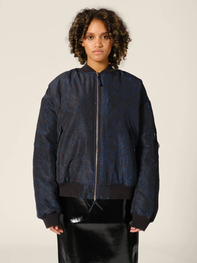 Blue 'Macks' Printed Oversized Padded Bomber Jacket