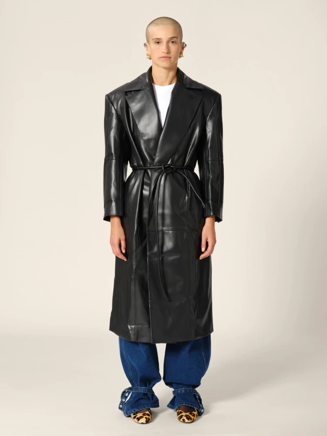 Black Double Breasted Belted Faux Leather Trench Coat