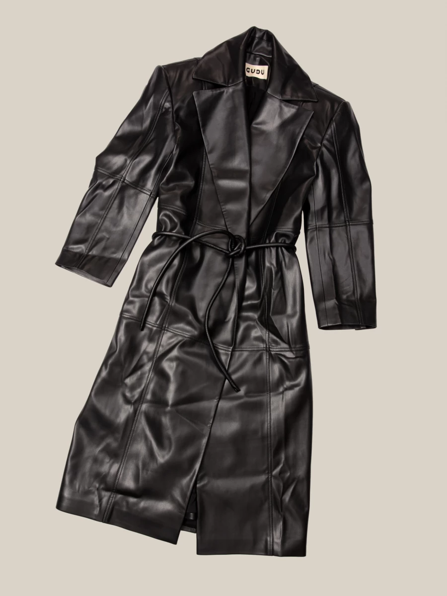 Trench Nero Doppio Petto in Ecopelle con cintura