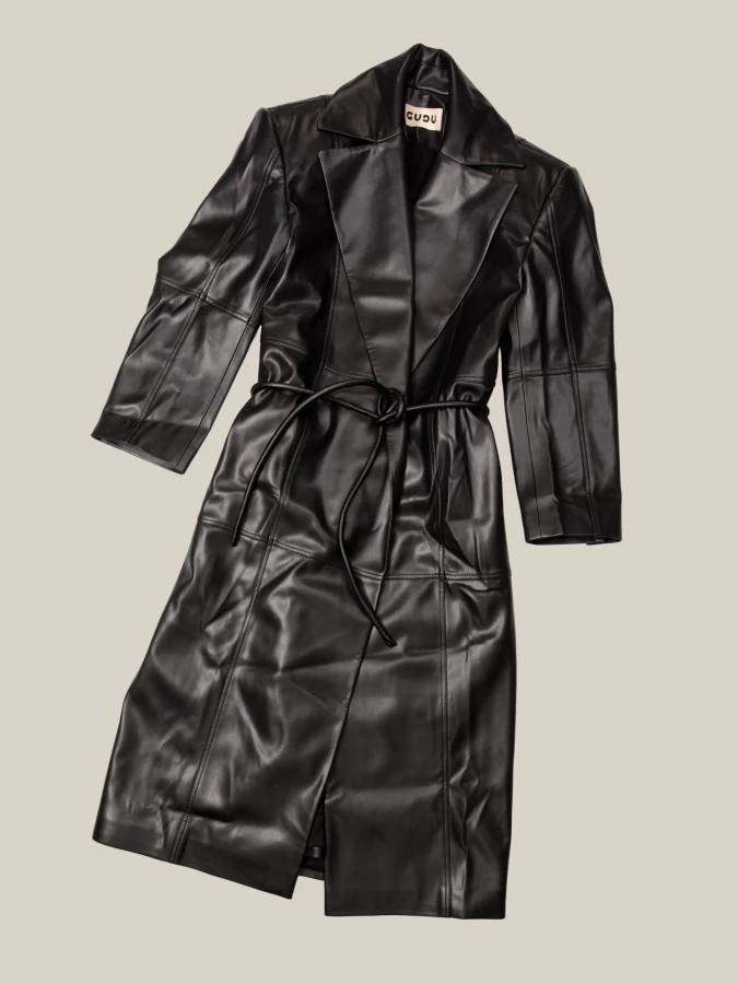 Trench Nero Doppio Petto in Ecopelle con cintura