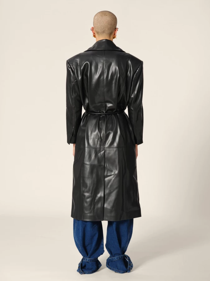 Black Double Breasted Belted Faux Leather Trench Coat