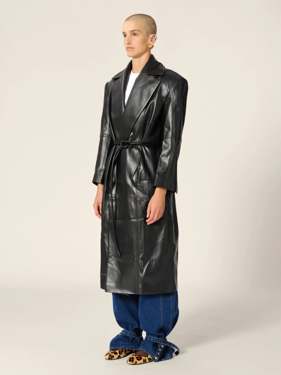 Black Double Breasted Belted Faux Leather Trench Coat