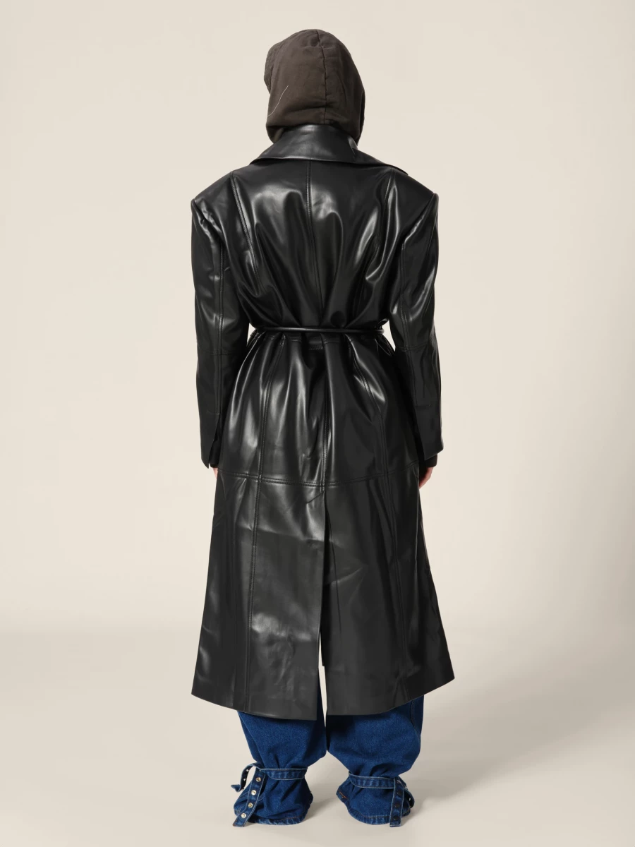 Black Double Breasted Belted Faux Leather Trench Coat
