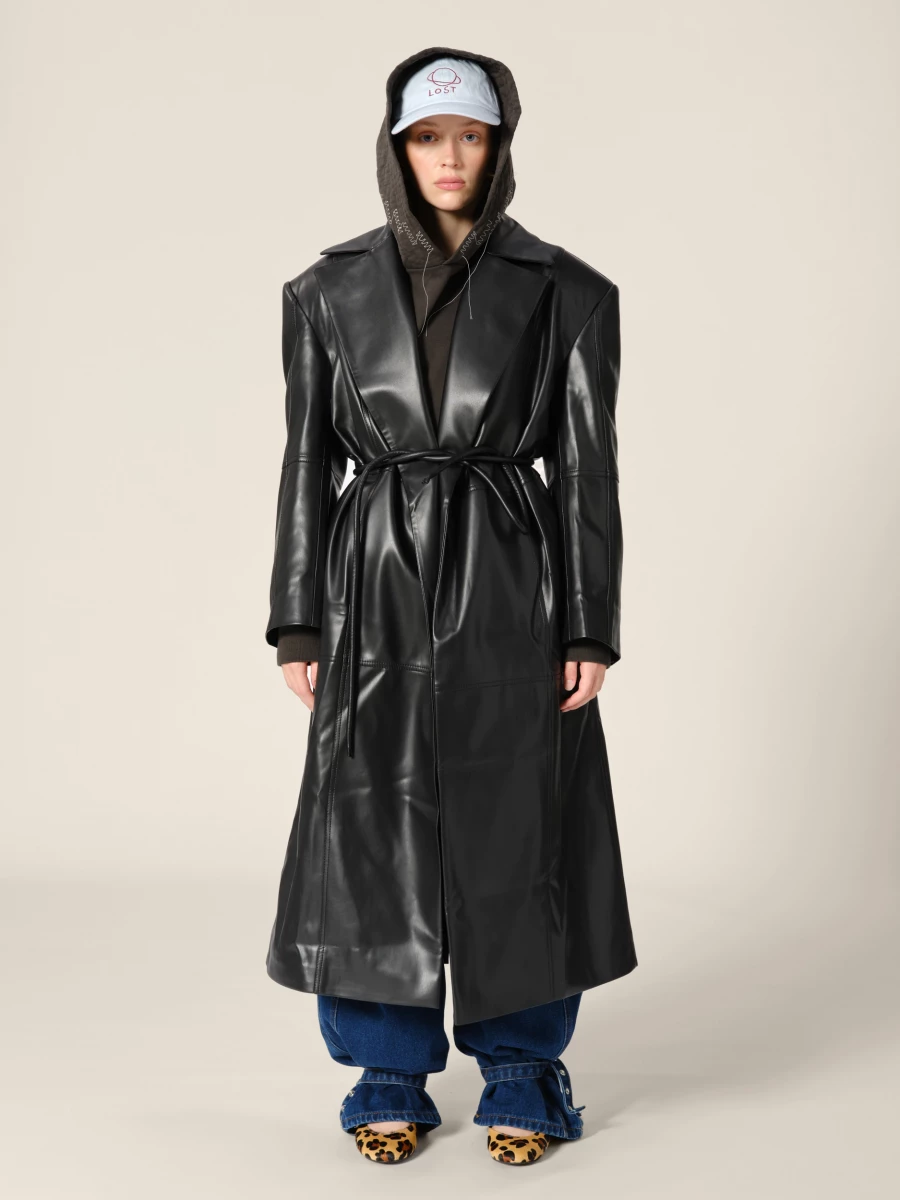 Black Double Breasted Belted Faux Leather Trench Coat