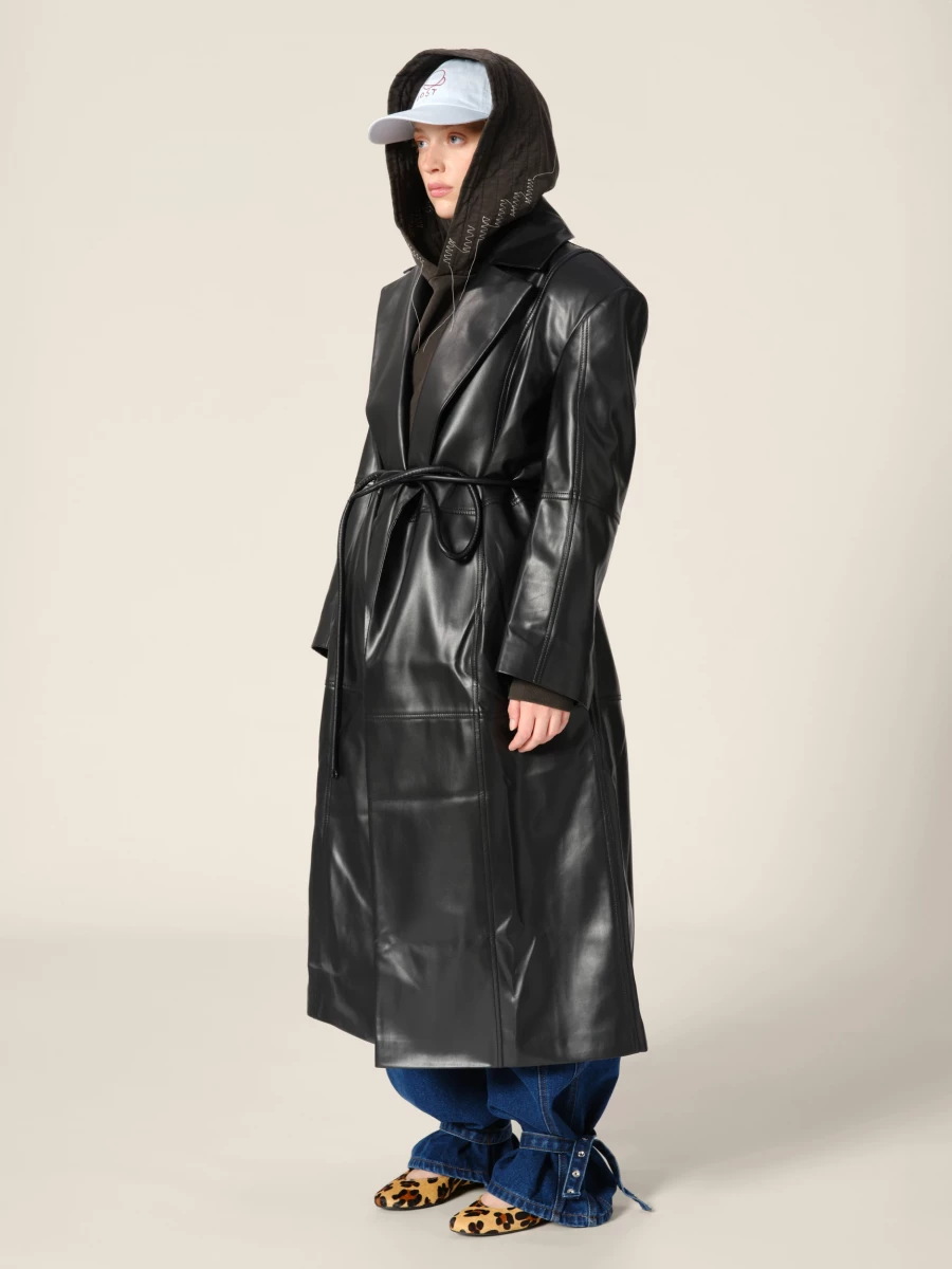 Trench Nero Doppio Petto in Ecopelle con cintura