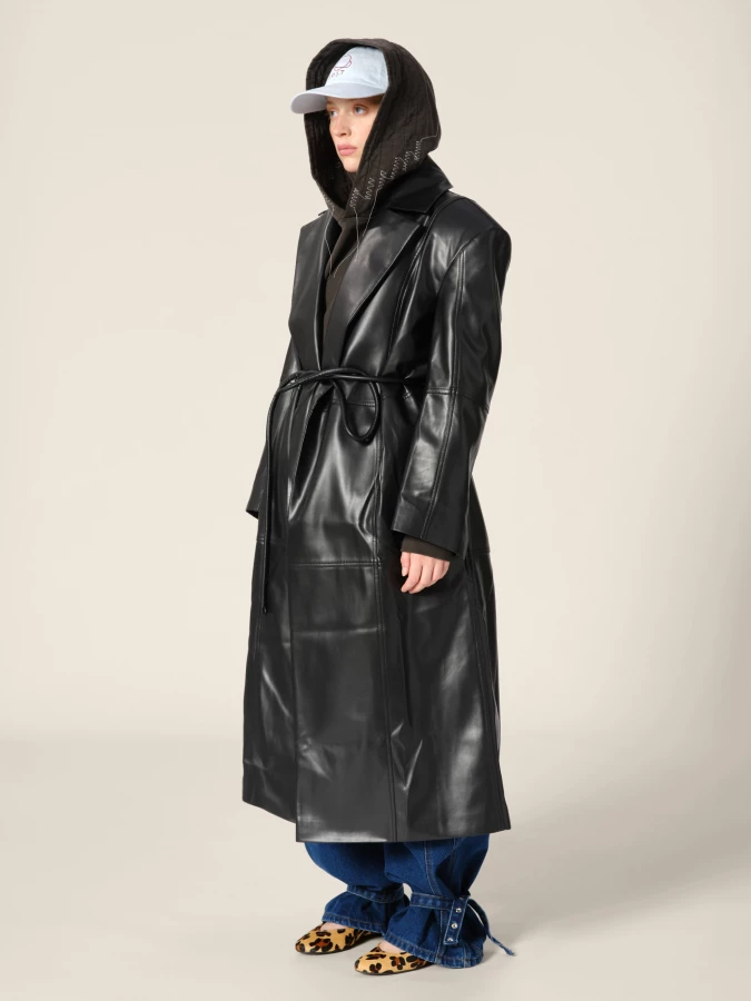 Trench Nero Doppio Petto in Ecopelle con cintura