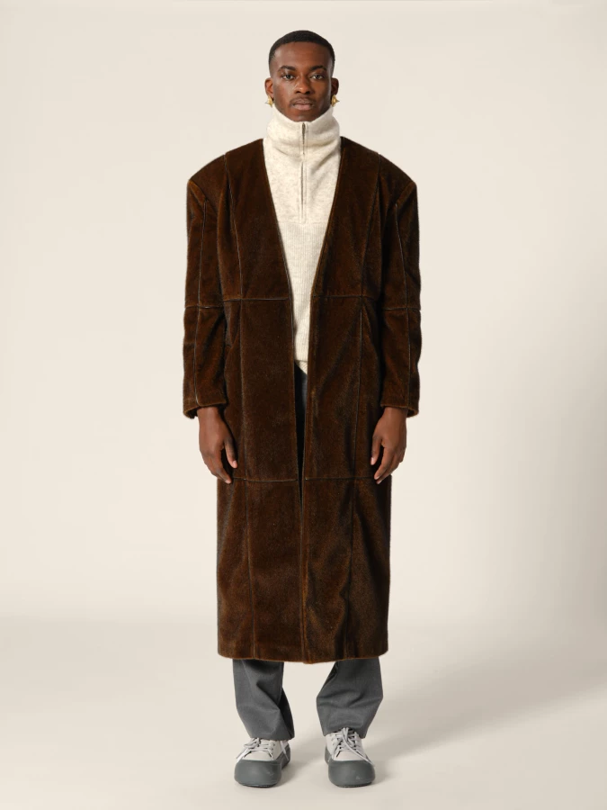 Brown Patchwork Style Straight-Cut Fake Mink Coat