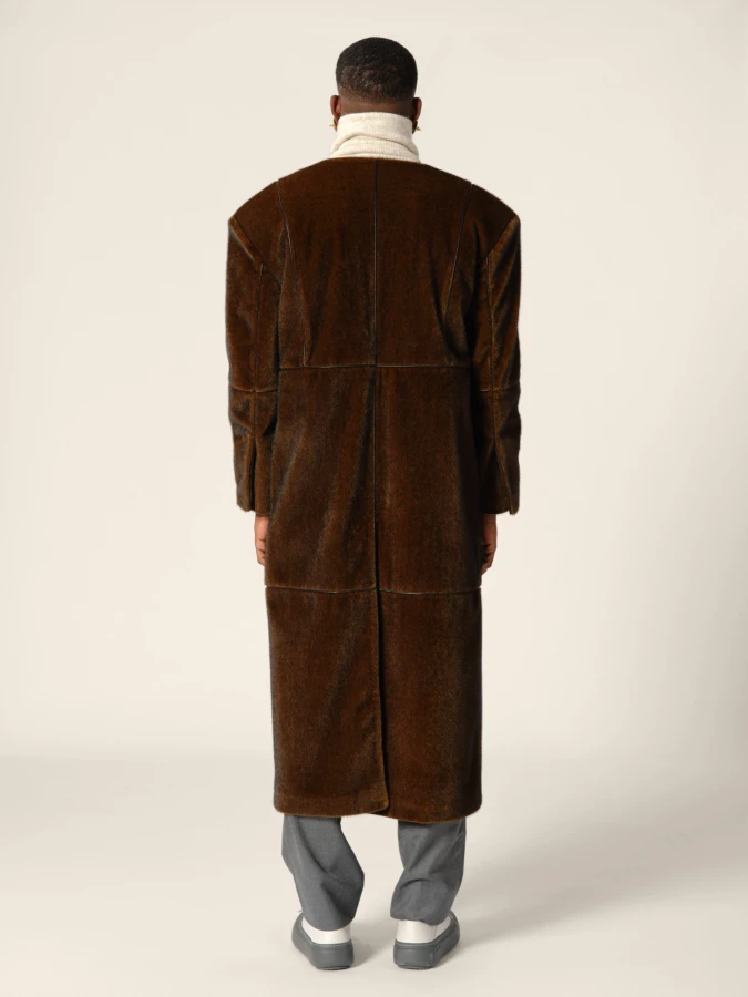 Brown Patchwork Style Straight-Cut Fake Mink Coat
