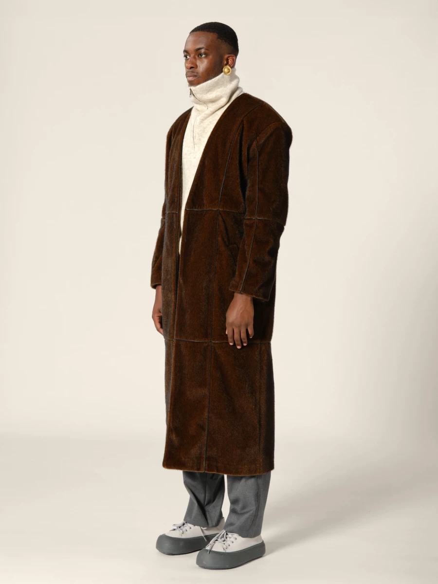 Brown Patchwork Style Straight-Cut Fake Mink Coat