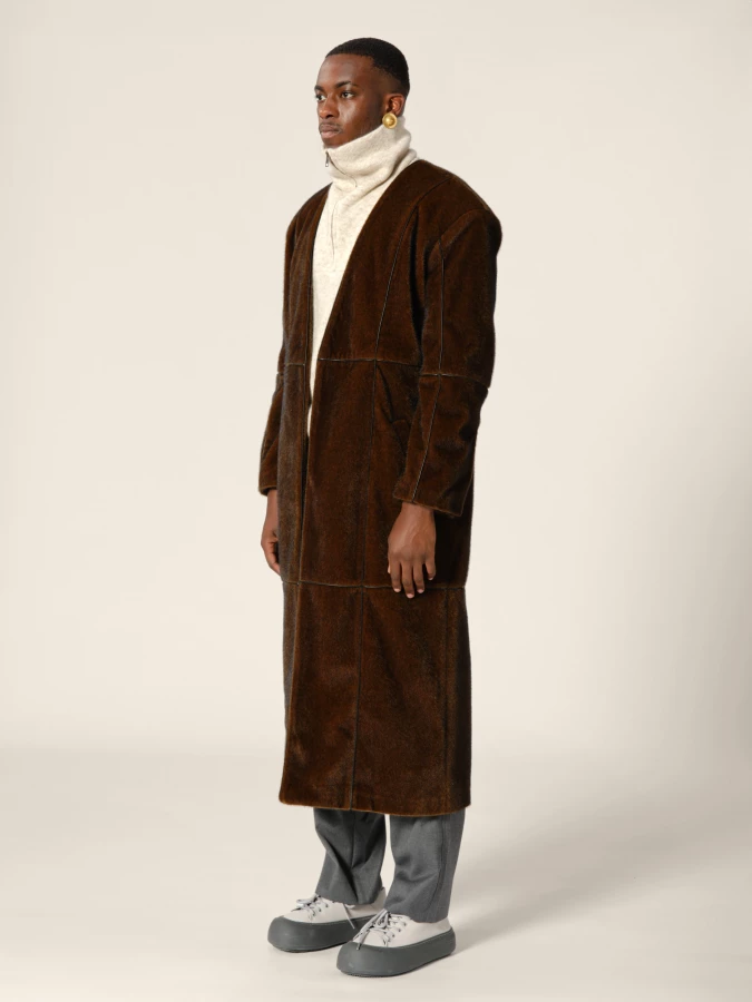 Brown Patchwork Style Straight-Cut Fake Mink Coat