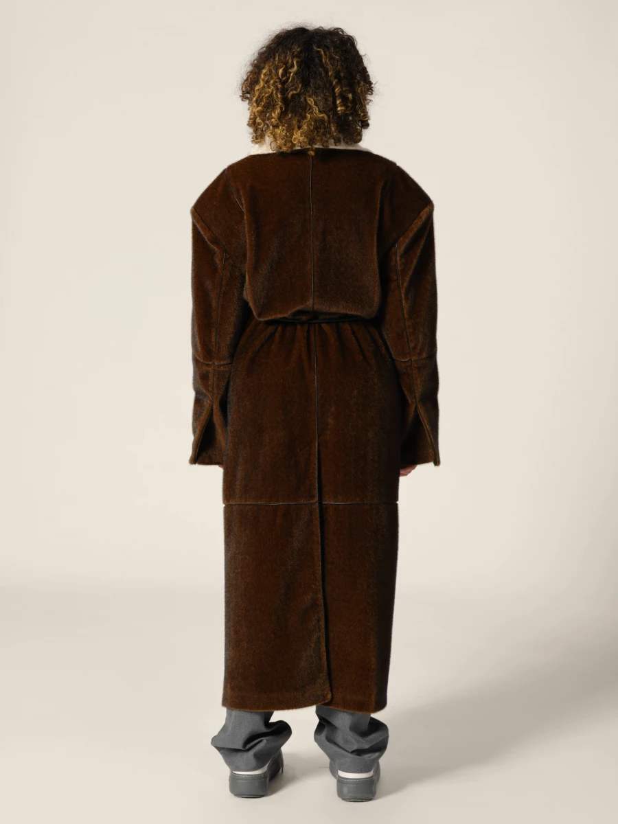 Brown Patchwork Style Straight-Cut Fake Mink Coat