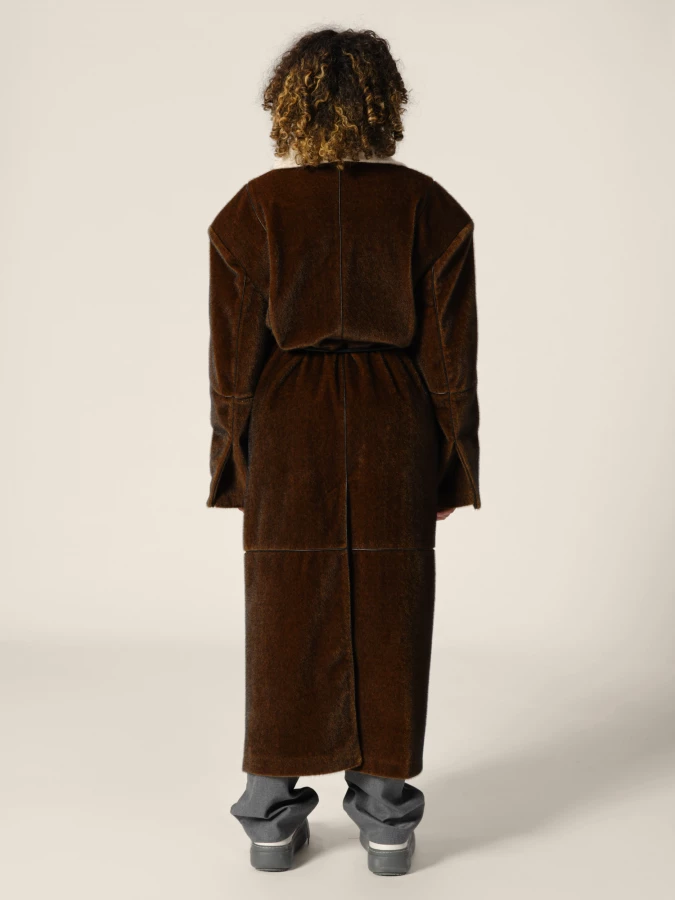 Brown Patchwork Style Straight-Cut Fake Mink Coat