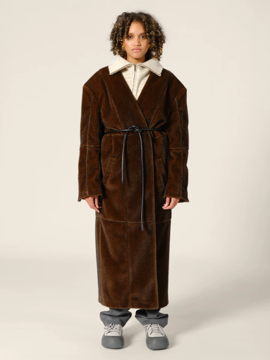 Brown Patchwork Style Straight-Cut Fake Mink Coat