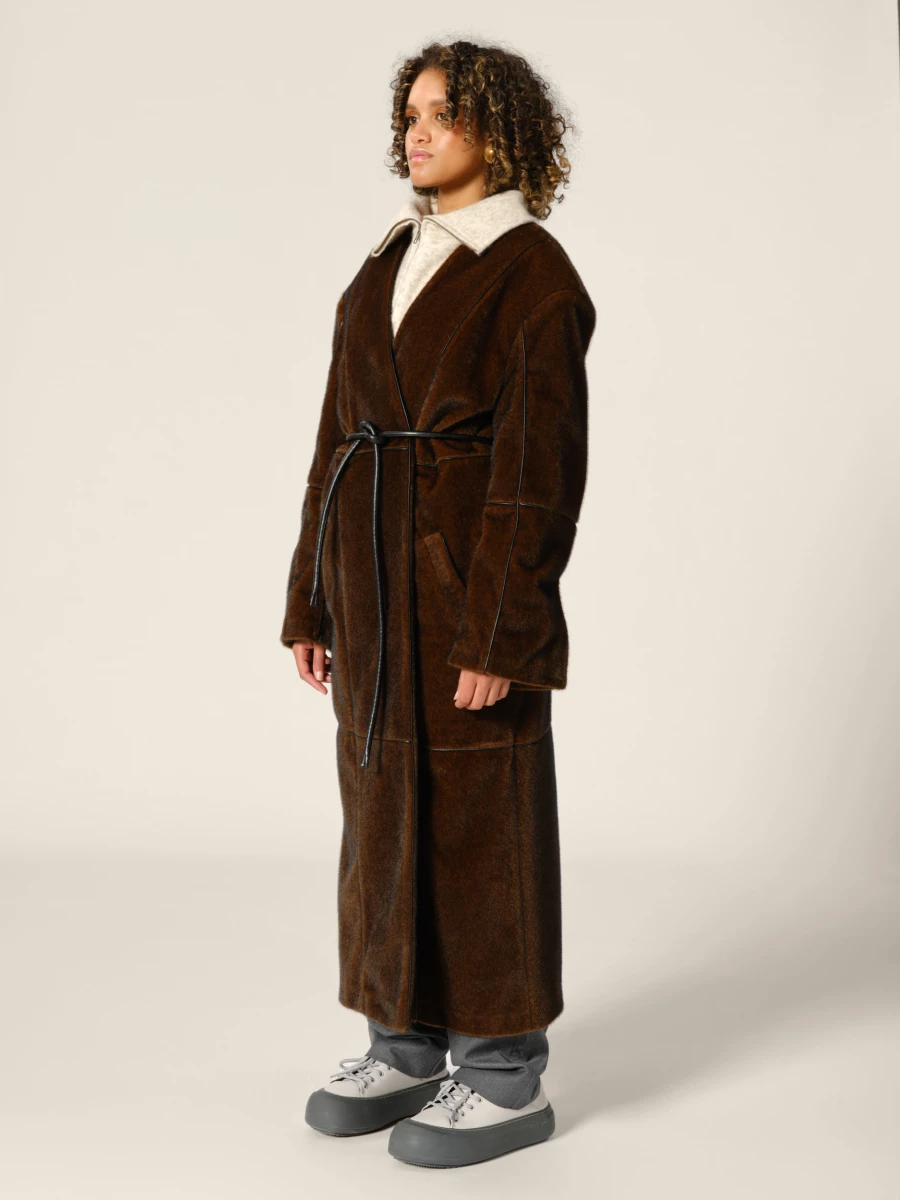 Brown Patchwork Style Straight-Cut Fake Mink Coat