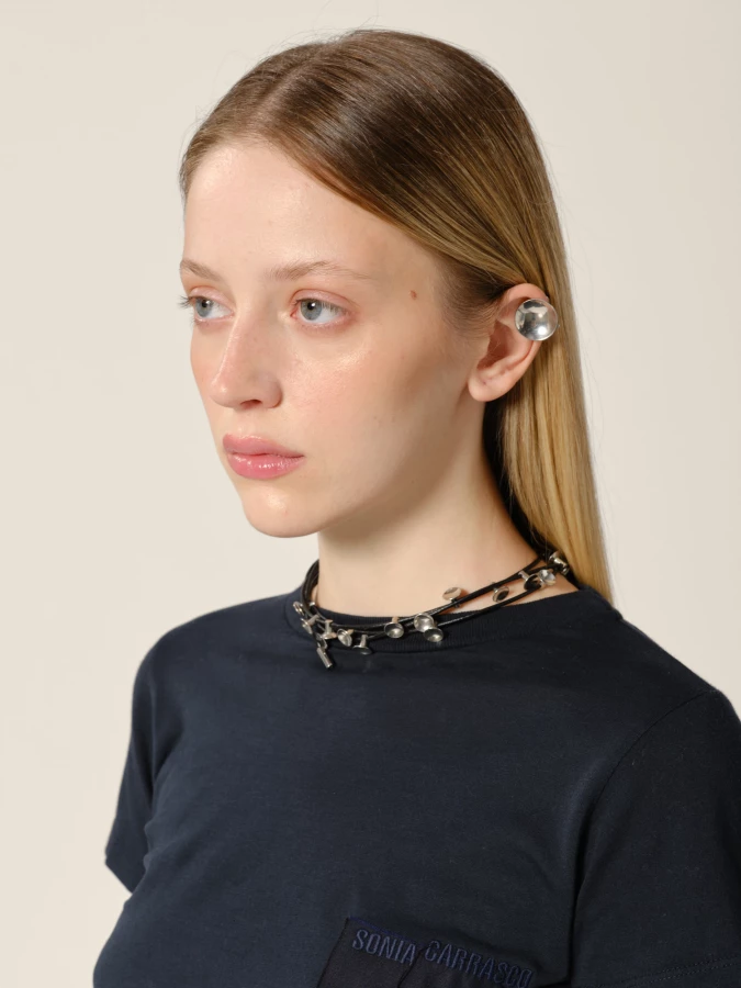 Collana Nera 'Lacet' con Borchie placcate in Argento