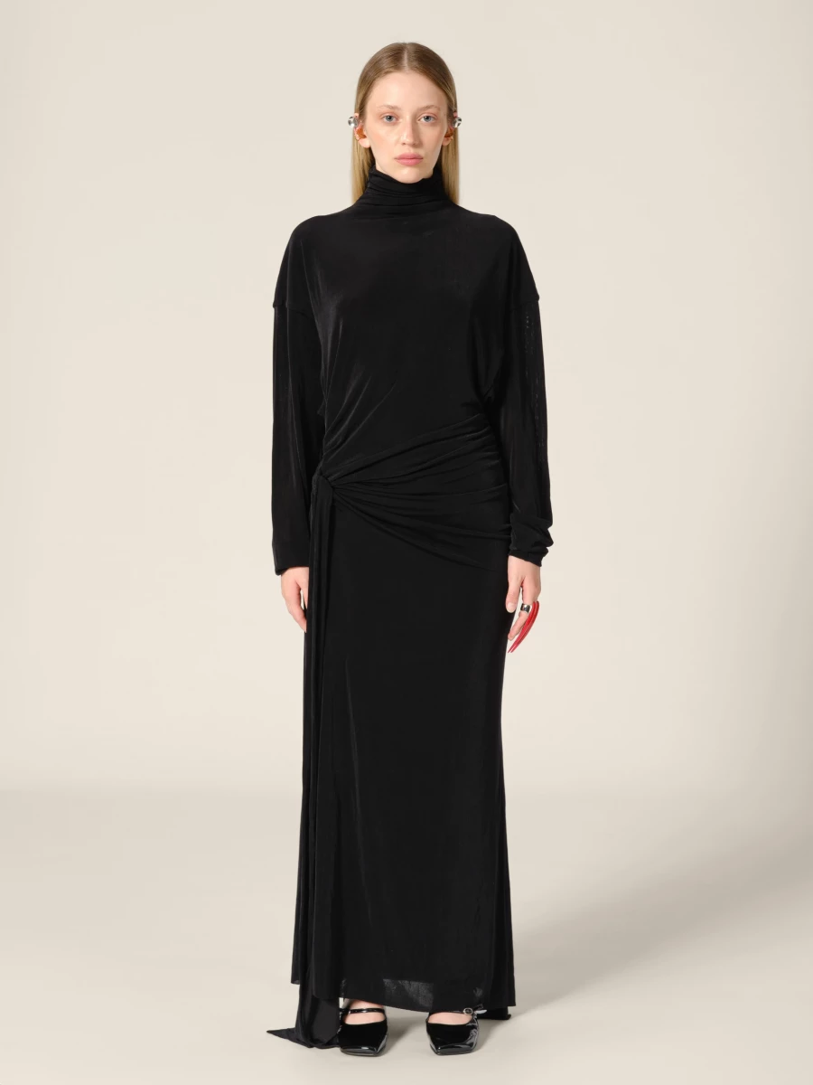 Black 'Willani' High Neck Side Slit Midi Dress