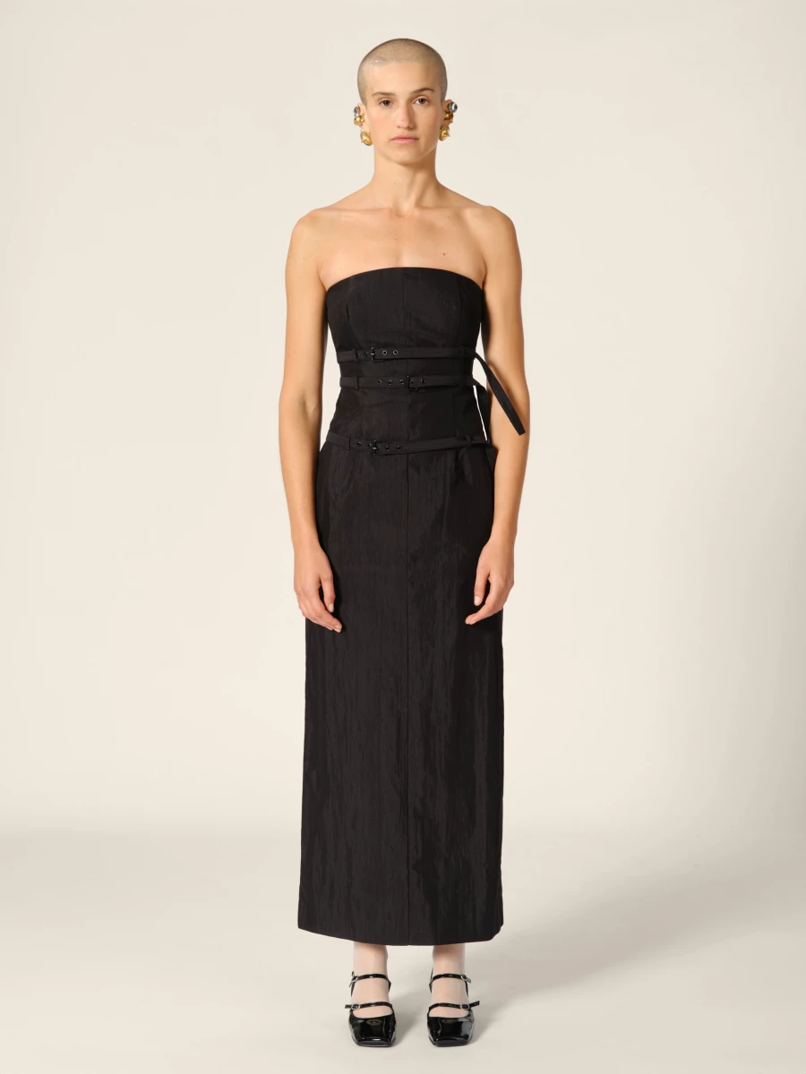 Black 'Skylar' Belted Strapless Midi Dress
