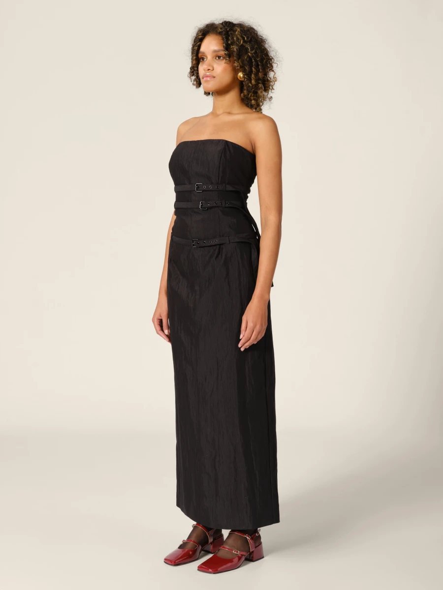 Black 'Skylar' Belted Strapless Midi Dress