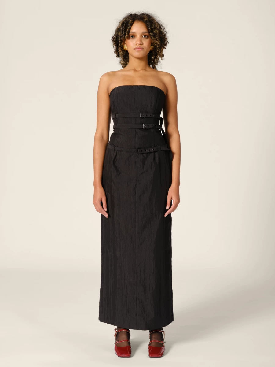 Abito Midi Nero 'Skylar' con Spalle Scoperte e Cinture