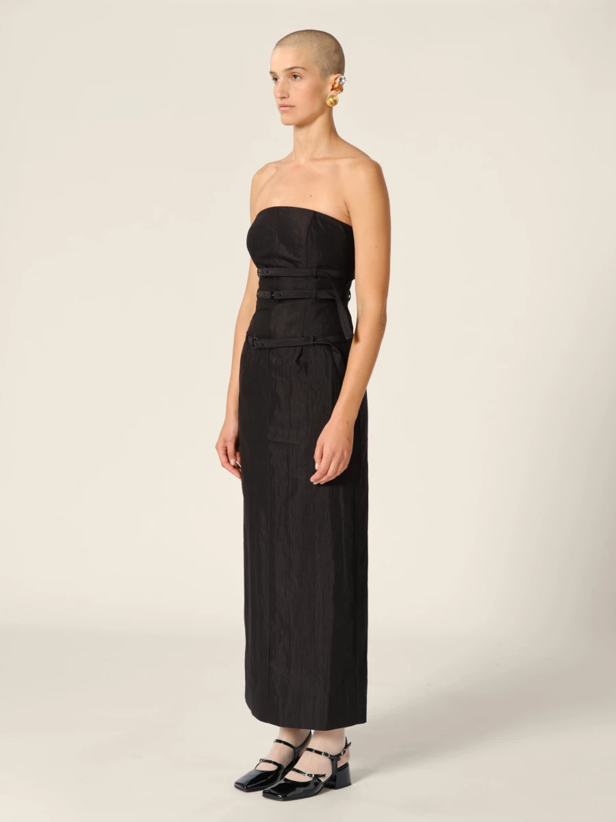 Abito Midi Nero 'Skylar' con Spalle Scoperte e Cinture