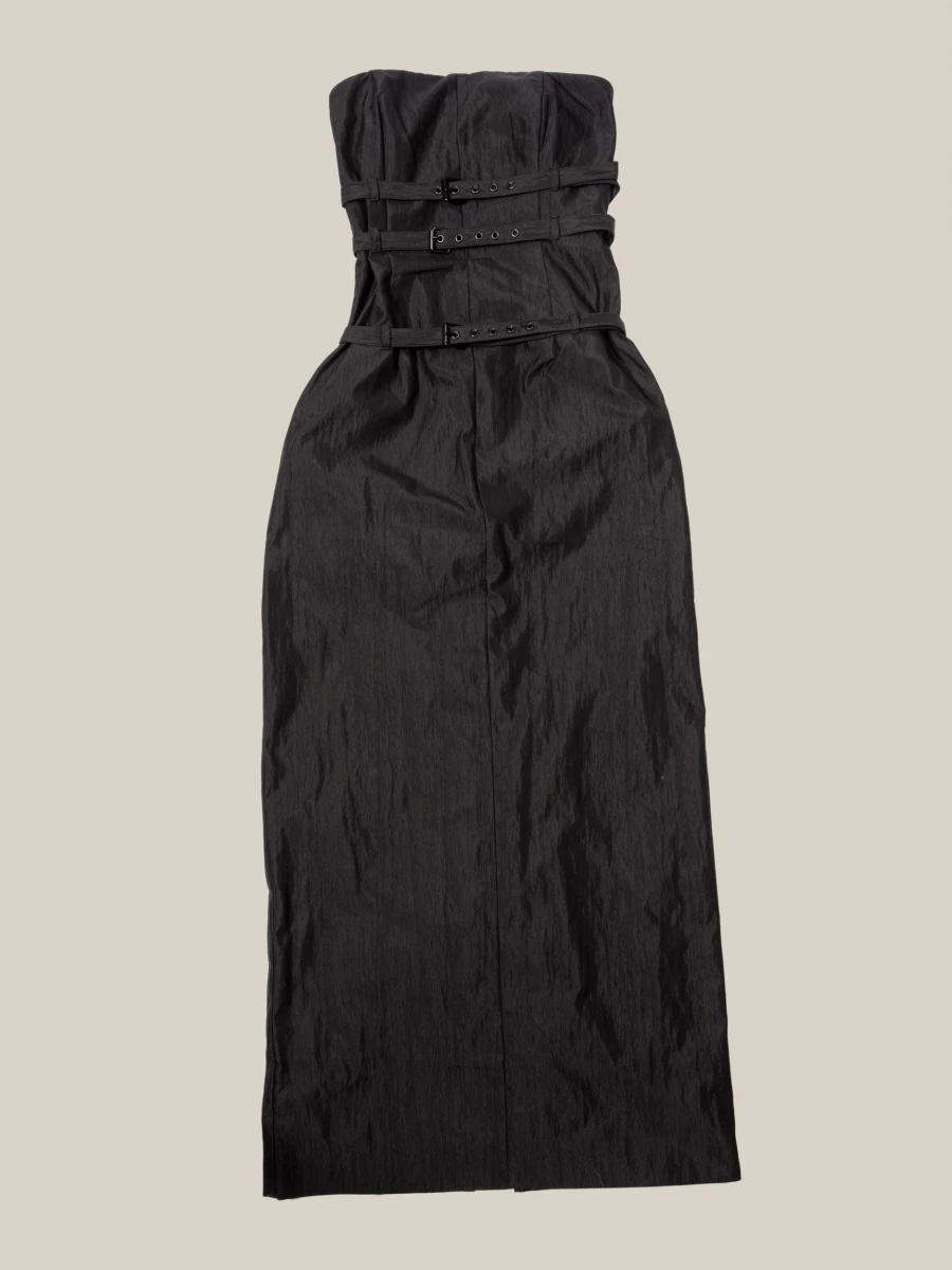 Black 'Skylar' Belted Strapless Midi Dress