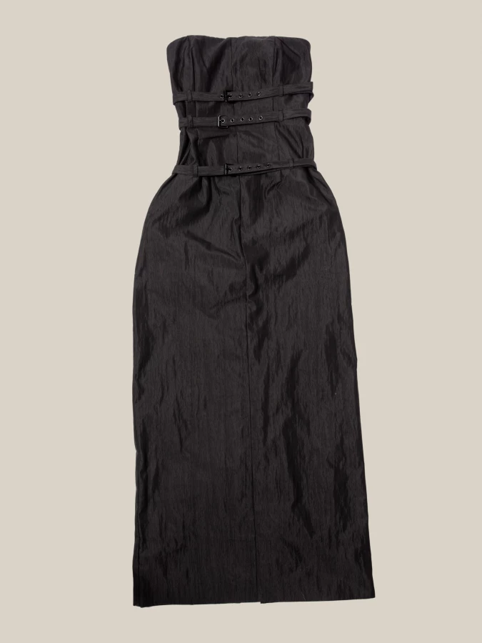 Black 'Skylar' Belted Strapless Midi Dress