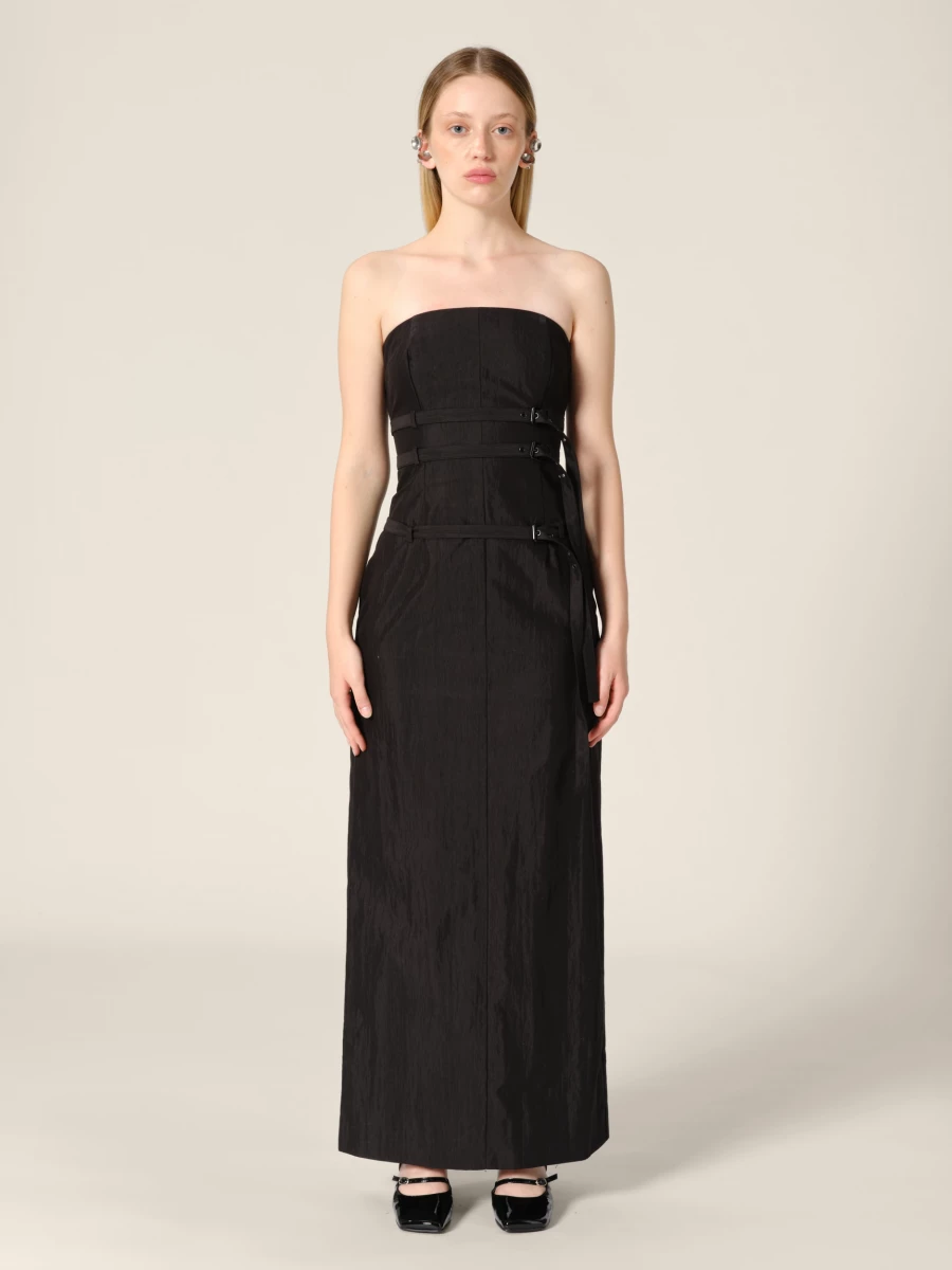 Black 'Skylar' Belted Strapless Midi Dress