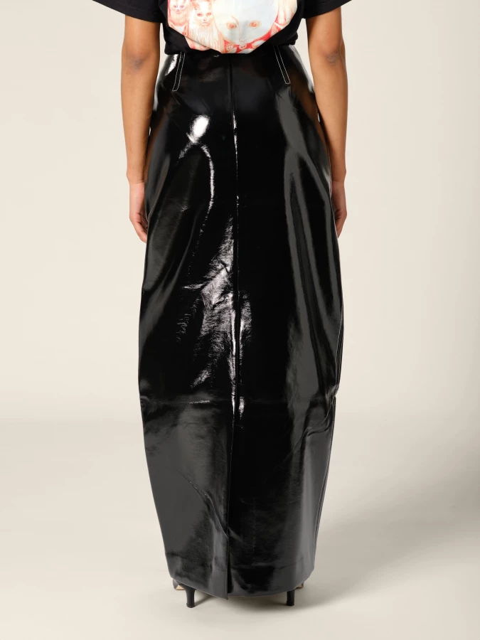 Black 'Marina' Vegan Shiny Leather Cutout Midi Skirt