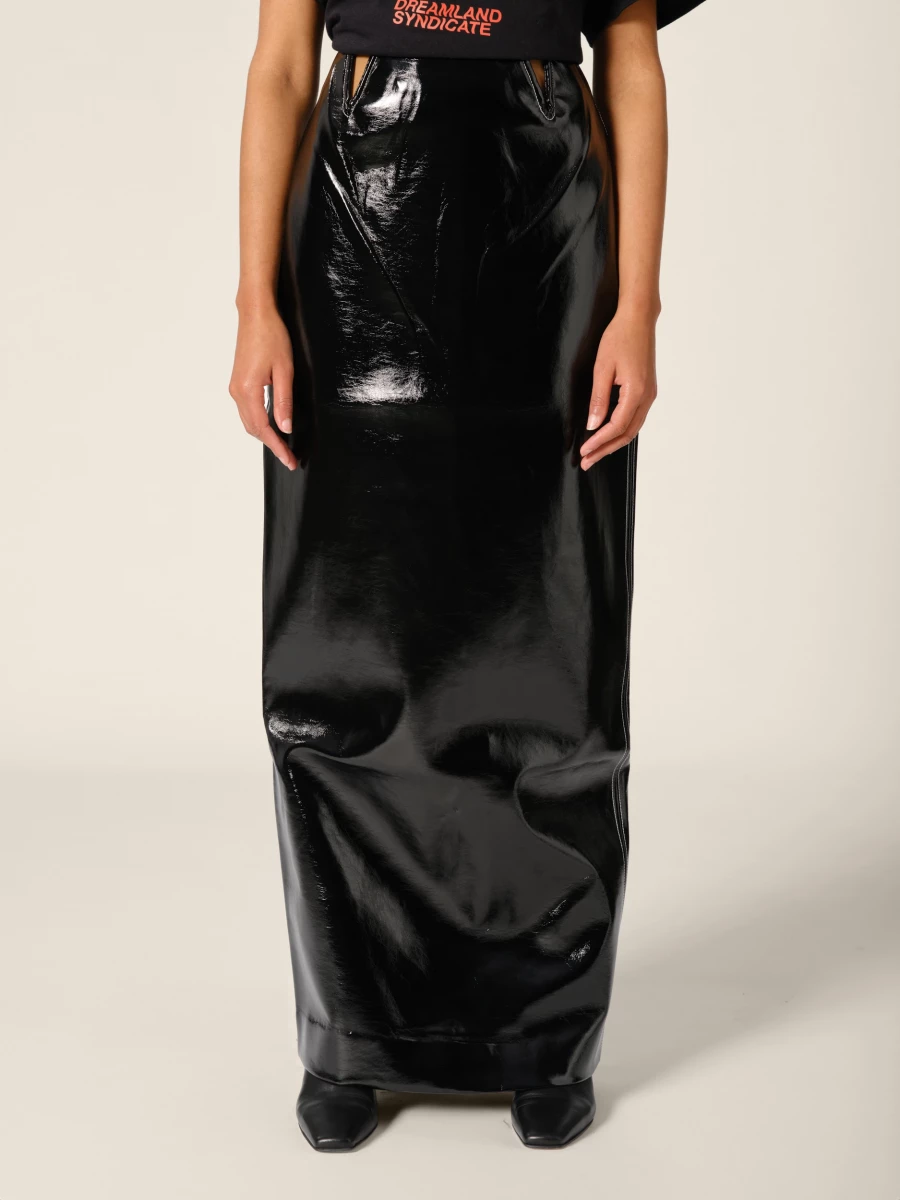 Black 'Marina' Vegan Shiny Leather Cutout Midi Skirt