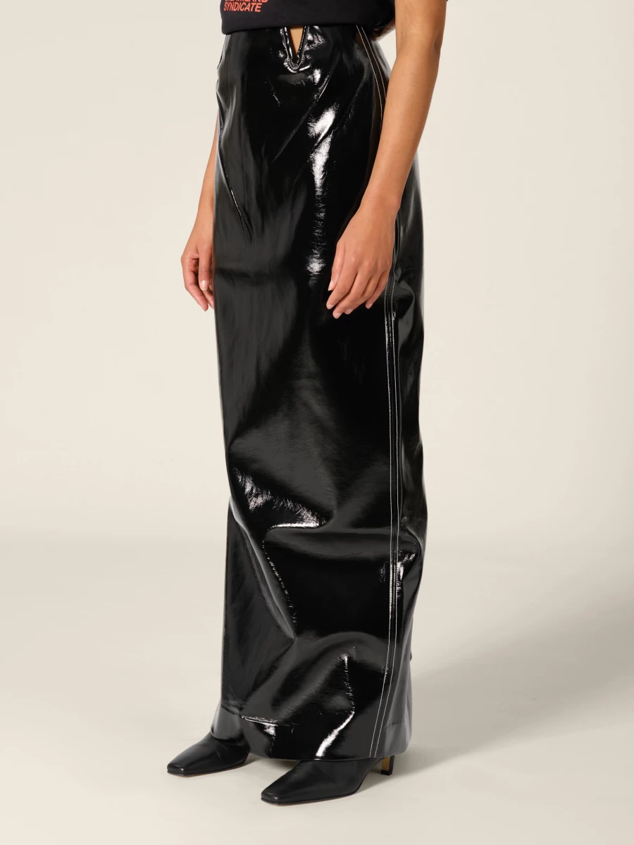 Black 'Marina' Vegan Shiny Leather Cutout Midi Skirt