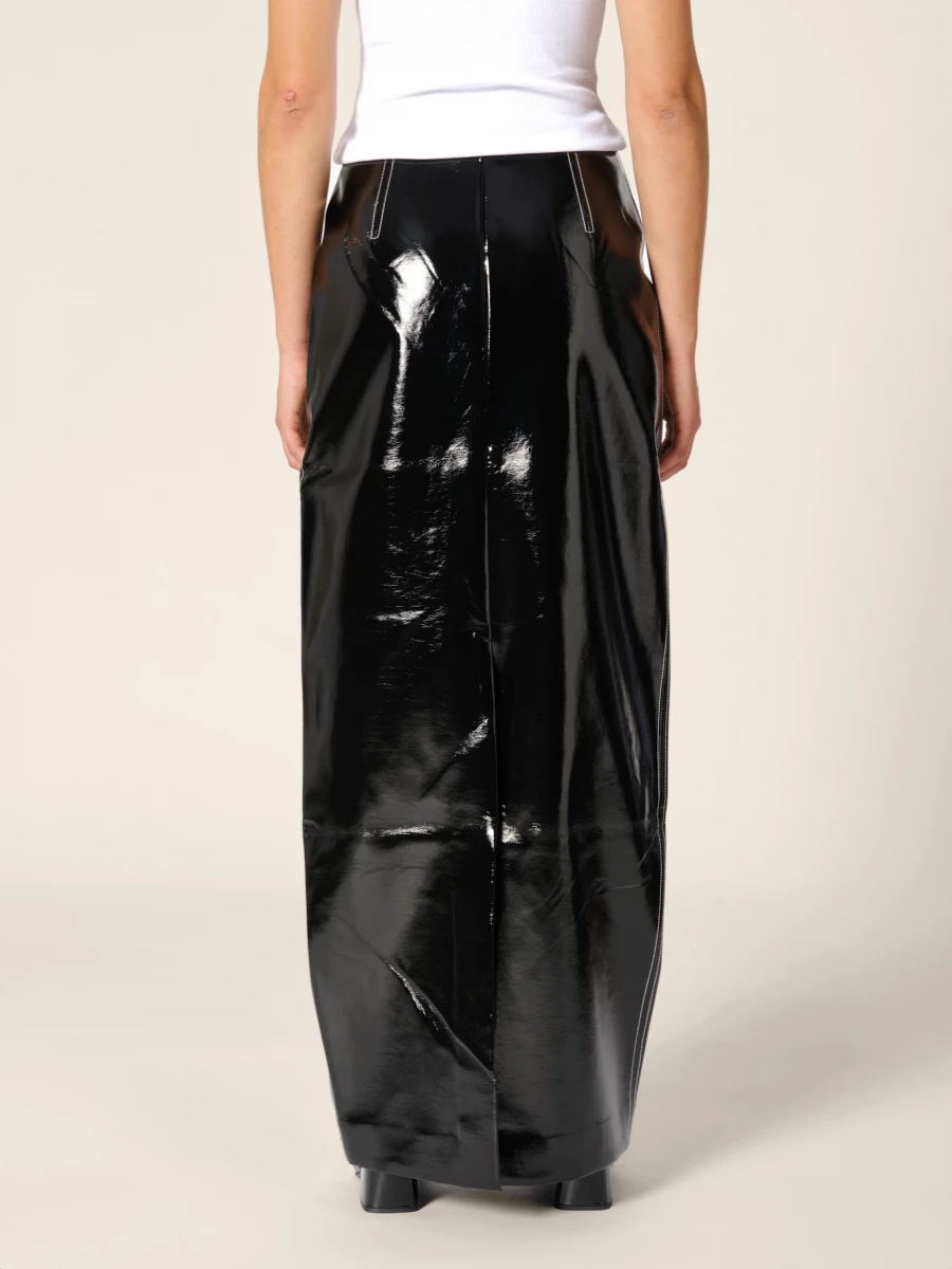 Black 'Marina' Vegan Shiny Leather Cutout Midi Skirt