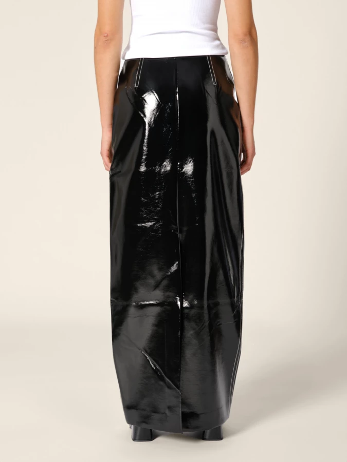 Black 'Marina' Vegan Shiny Leather Cutout Midi Skirt