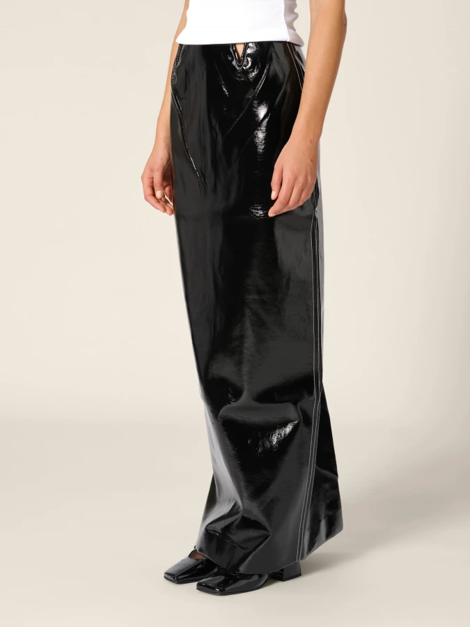 Black 'Marina' Vegan Shiny Leather Cutout Midi Skirt