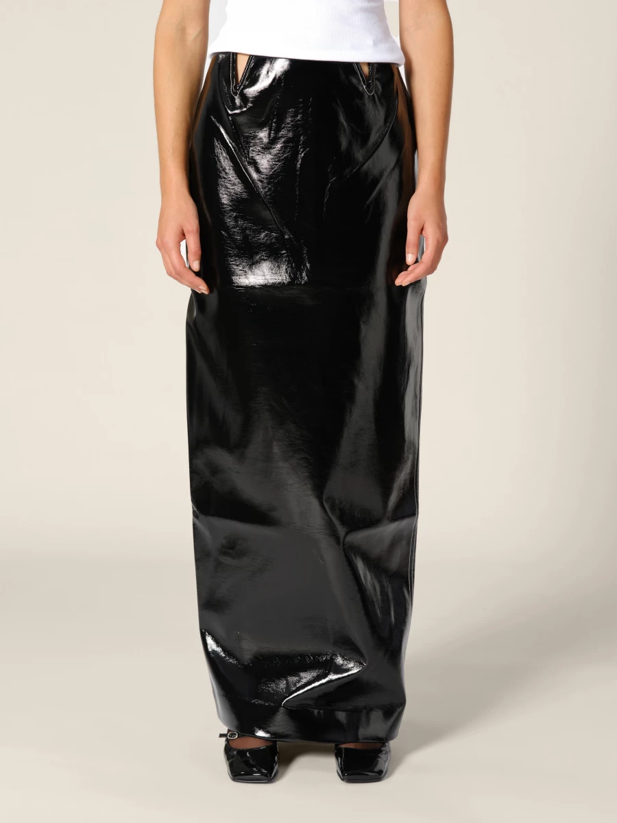 Black 'Marina' Vegan Shiny Leather Cutout Midi Skirt