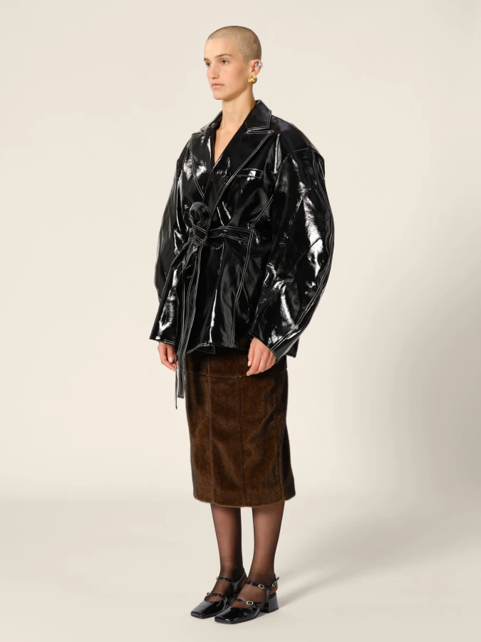 Black 'Latirus' Belted Vegan Shiny Leather Blazer