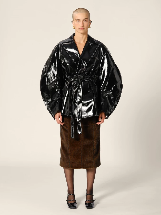 Black 'Latirus' Belted Vegan Shiny Leather Blazer