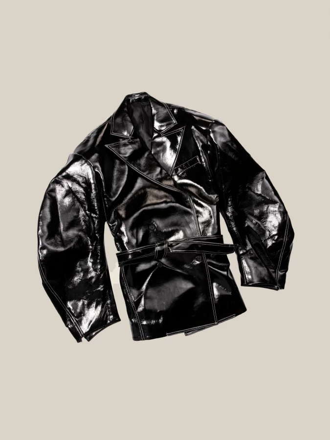 Black 'Latirus' Belted Vegan Shiny Leather Blazer