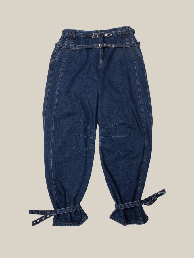 Dark Blue 'Skylar' Belted Wide Leg Jeans