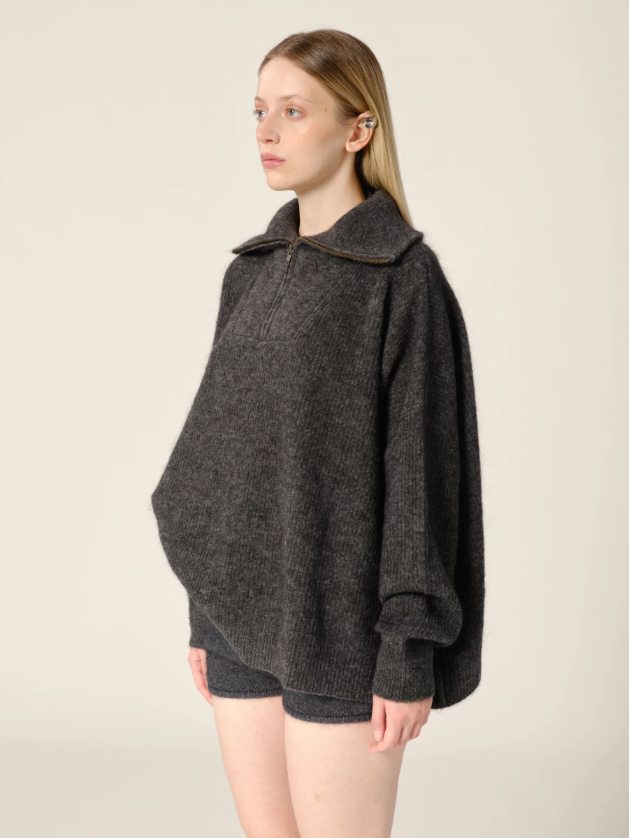 Dark Grey 'Seba' Wool Mohair Half Zip Sweater