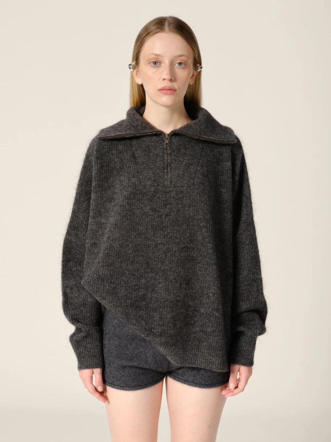 Maglione Zip Up Grigio Scuro 'Seba' in misto Lana Mohair