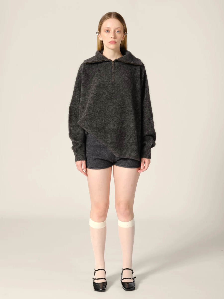 Maglione Zip Up Grigio Scuro 'Seba' in misto Lana Mohair