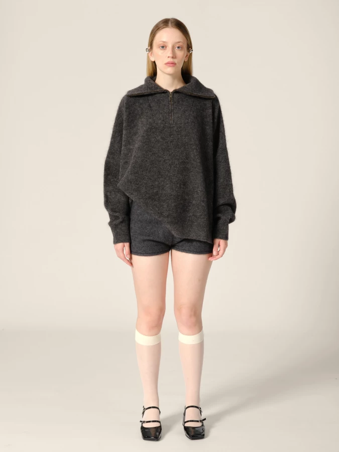 Maglione Zip Up Grigio Scuro 'Seba' in misto Lana Mohair