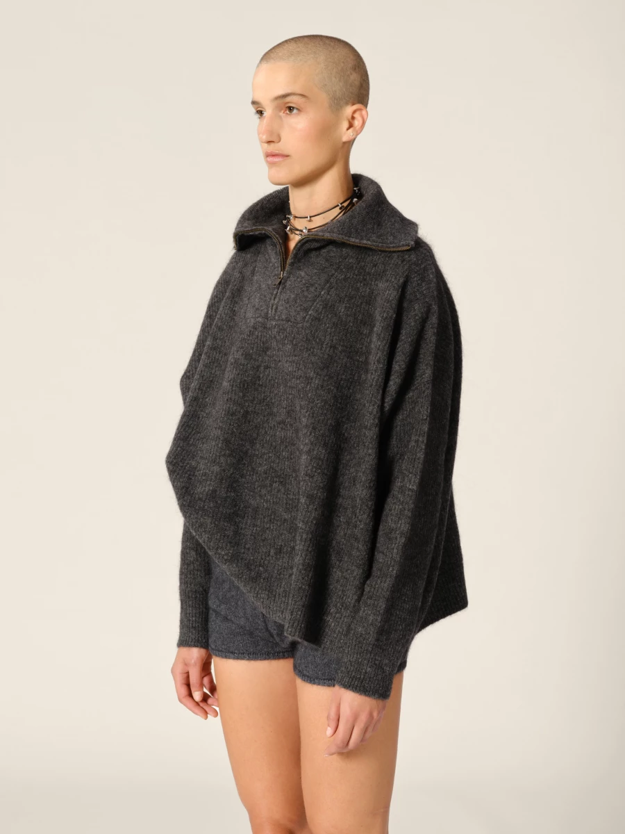 Maglione Zip Up Grigio Scuro 'Seba' in misto Lana Mohair