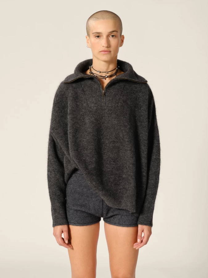 Dark Grey 'Seba' Wool Mohair Half Zip Sweater