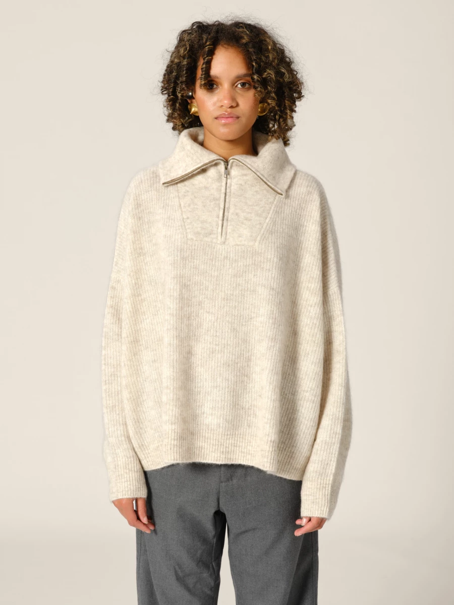 Maglione Zip Up Beige 'Seba' in misto Mohair
