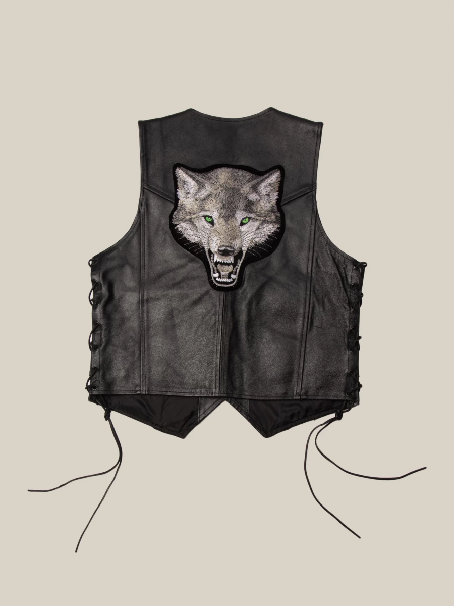 Black Wolf Embroidery Vintage Leather Vest