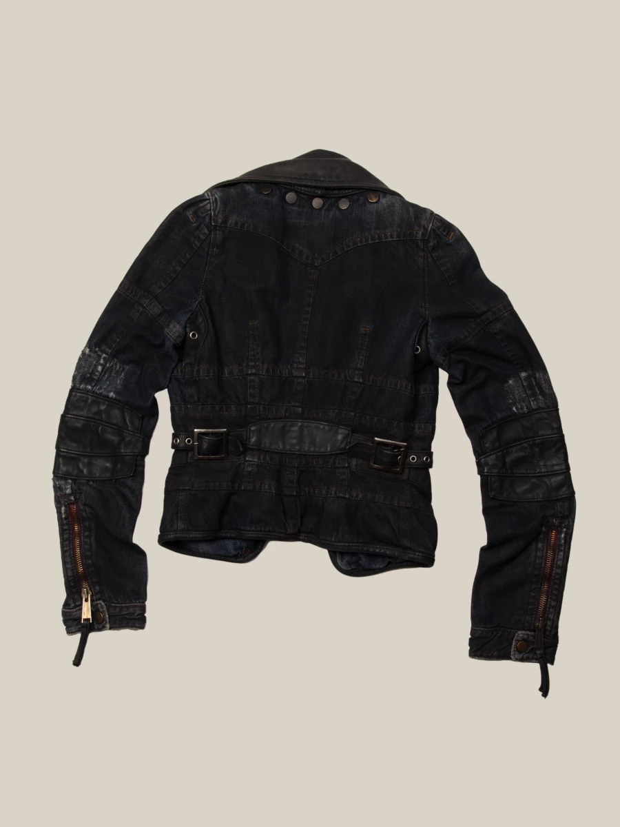 Giacca Biker Blu Scuro in denim con inserti in pelle