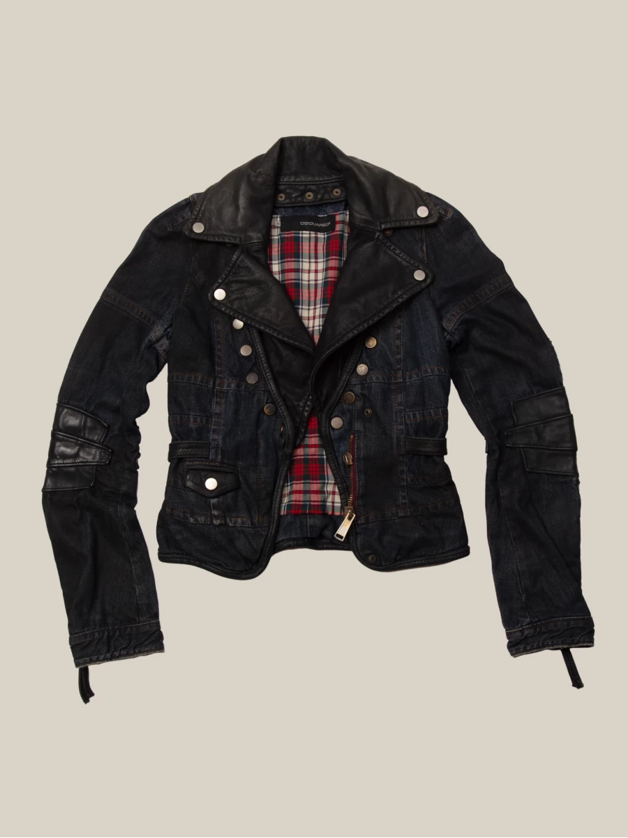 Dark Blue Denim Leather Biker Jacket